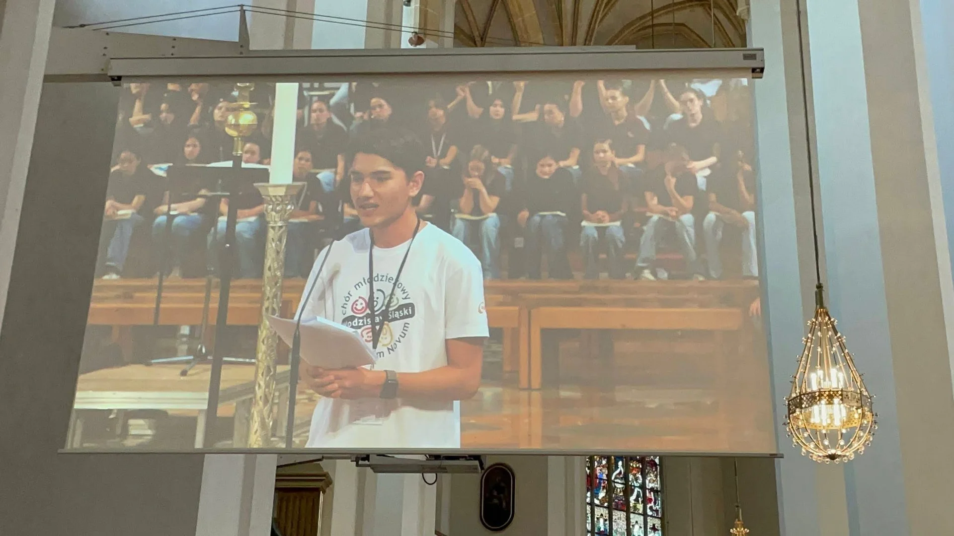 Munich Frauenkirche, June 2025. Maciej at the lectern before the peace speech.