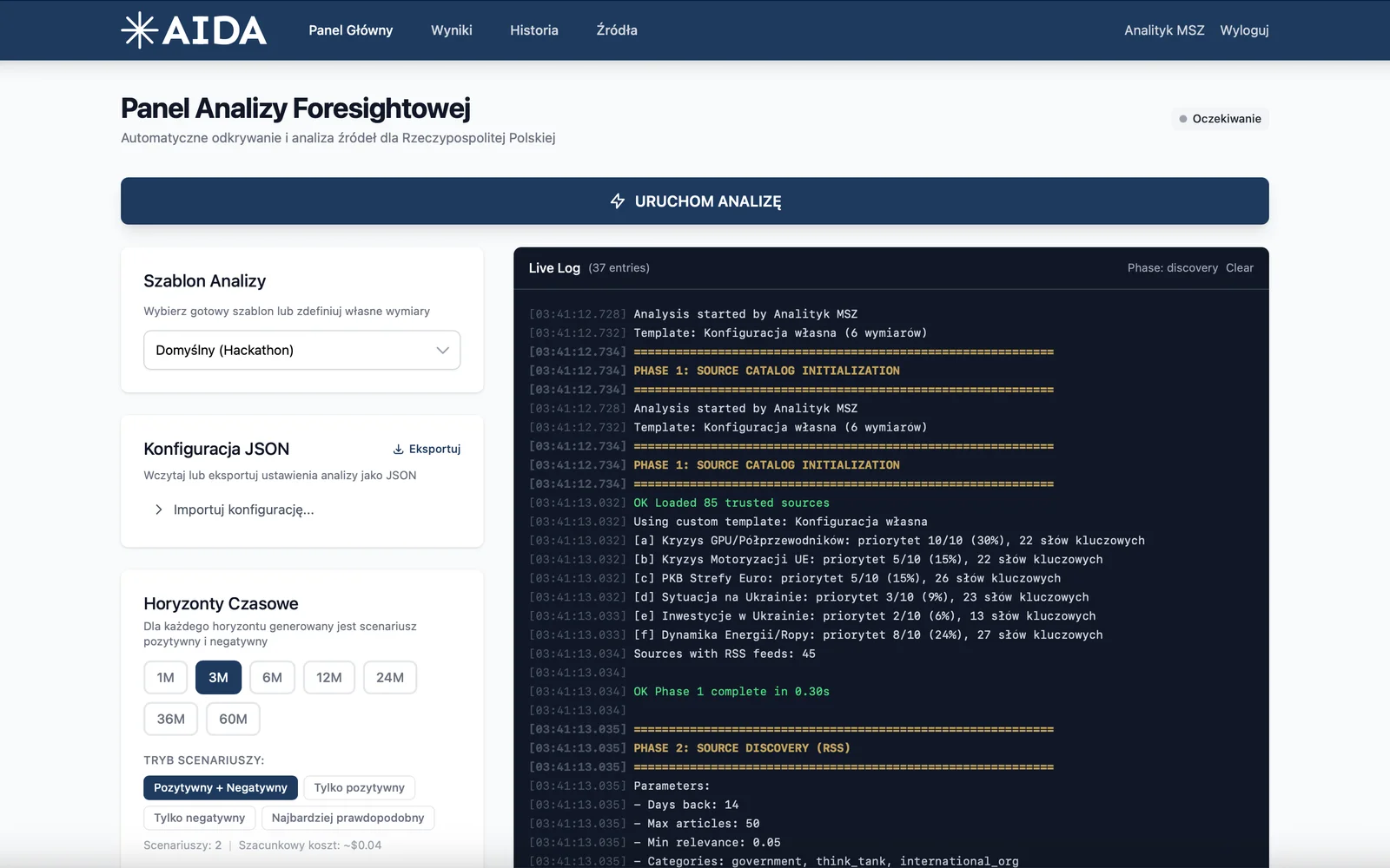 AIDA — analysis dashboard with weight sliders and live SSE log