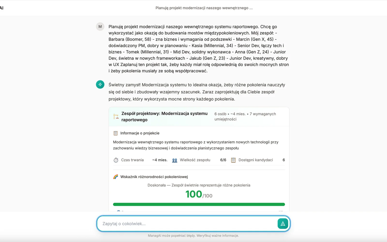 ManagAI — chat interface with structured Quickshot panel