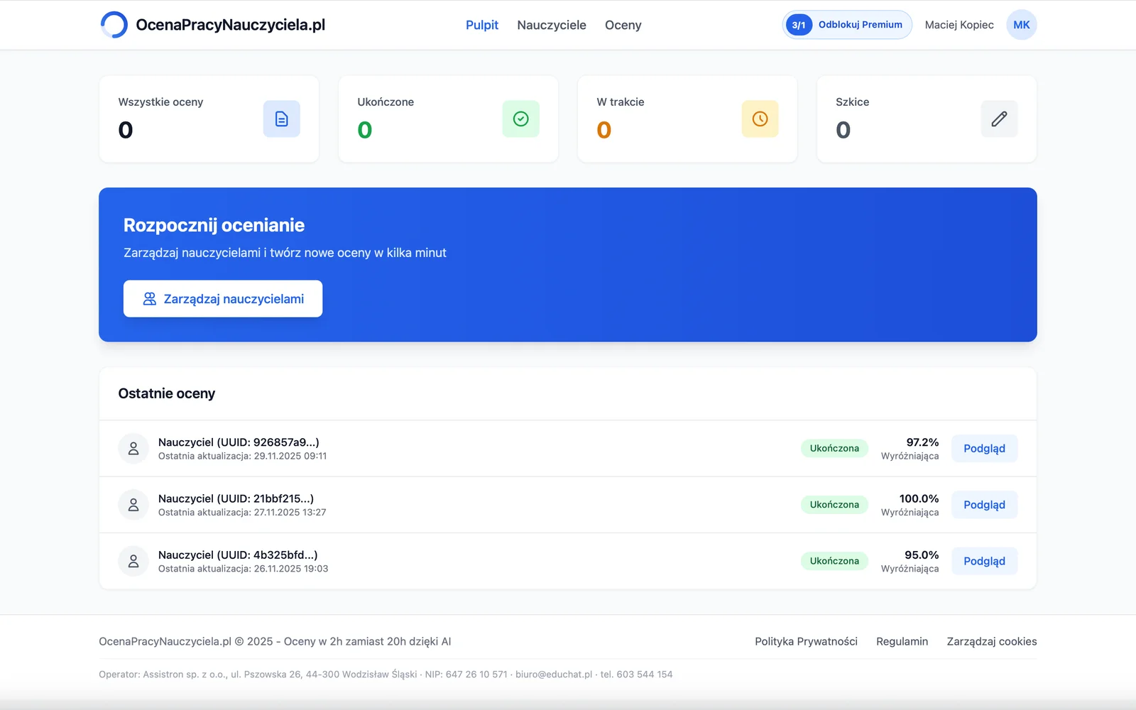 Ocena Pracy Nauczyciela — conversation on left, live scoring panel on right
